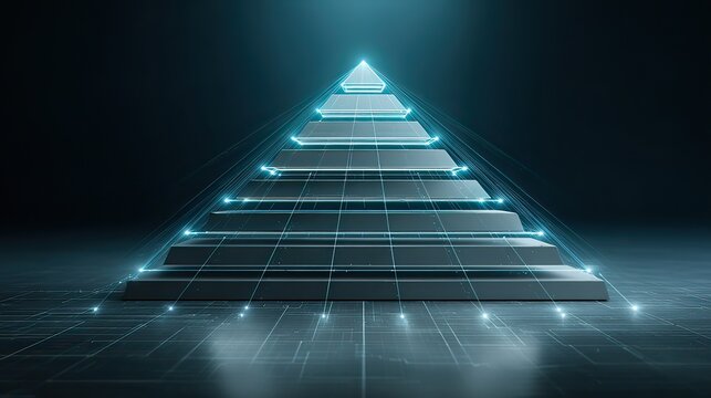Modern Digital Pyramid with Glowing Lines and Futuristic Elements on Dark Background for Business and Technology Concepts