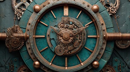 Fototapeta premium Intricate Steampunk Clock Design with Gears and Cogs in Vintage Turquoise Finish for Unique Home Decor Inspiration