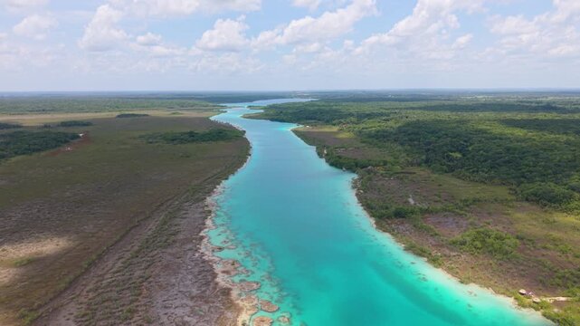 Drone view of Laguna Bonanza in the Bacalar lagoon system, Mexico