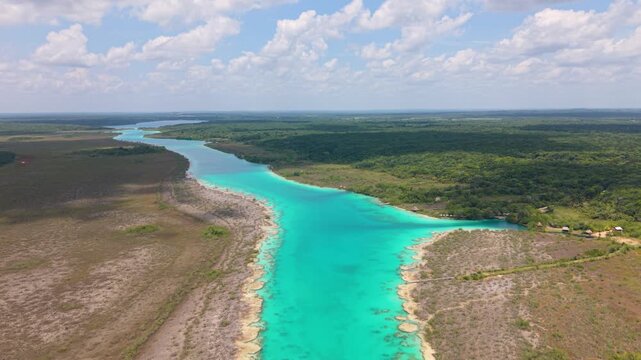 Drone view of Laguna Bonanza in the Bacalar lagoon system, Mexico