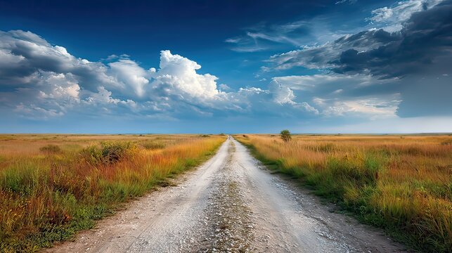 Serene Landscape with Open Road Under Dramatic Clouds on a Sunny Day Surrounded by Vibrant Green Grass and Nature