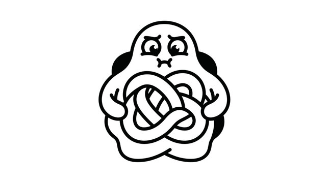 Cute Cartoon Ghost Tied in Knots, Feeling Confused and Stressed