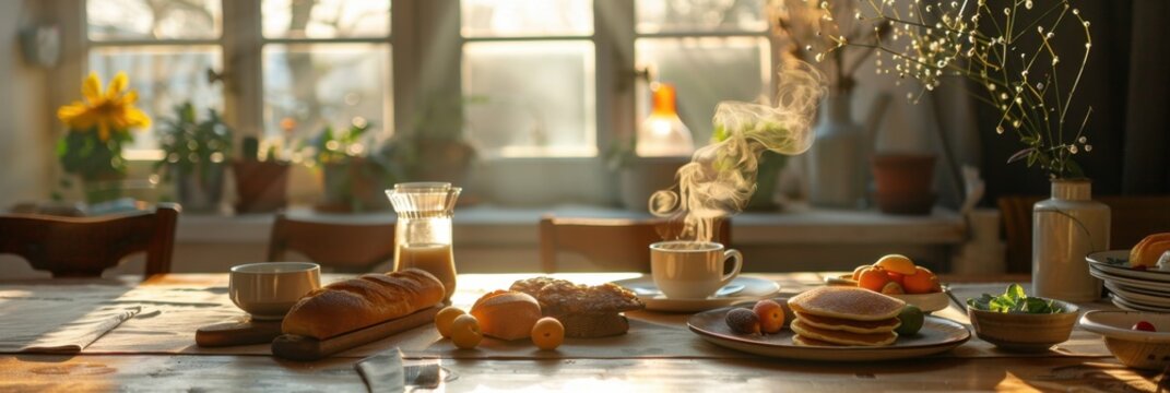 A cozy breakfast spread with pancakes, bread, eggs, coffee, and fresh fruit on a rustic wooden table by a sunlit window.