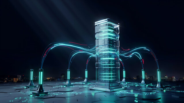 Futuristic server tower in a dark data center with glowing blue and red fiber optic cables connecting to floor nodes in a network
