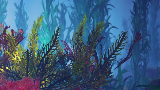 Colorful underwater plants grow in soft blue water. Sunlight filters down, creating patterns on the sea floor. Plants sway gently with the movement of water.