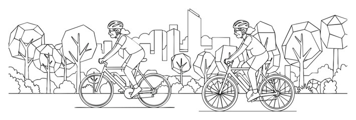 Obraz premium Playful cartoon children riding bicycles in a whimsical garden setting with blooming flowers and butterflies, concept for childhood joy, educational materials, and family-friendly product
