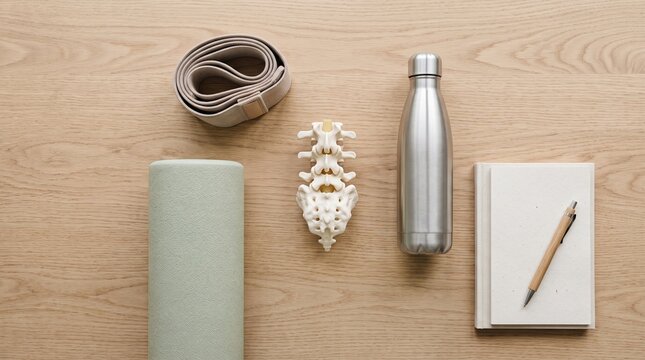 Spine health wellness flat lay on wood surface