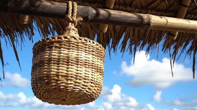 Handwoven wicker basket hanging from bamboo pole under thatched roof