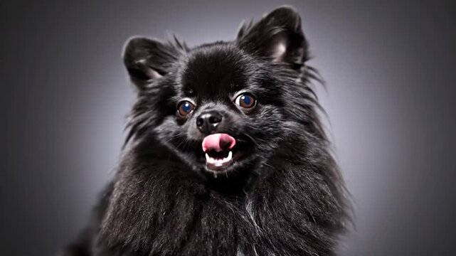 Happy black Pomeranian dog smiling in studio with tongue out against gray background