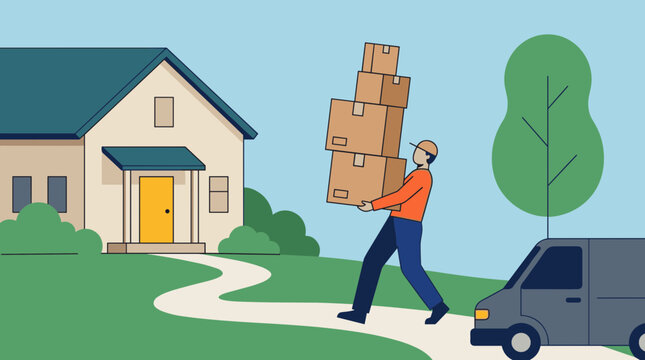Delivery person carrying stack of boxes to a house with a van nearby