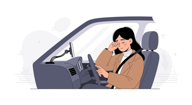 Tired Woman Driving Car at Night, Rubbing Eyes, Drowsy Driver Concept, Modern Flat Illustration