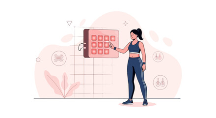 Obraz premium Woman in athletic wear plans fitness routine on digital calendar interface, healthy lifestyle concept