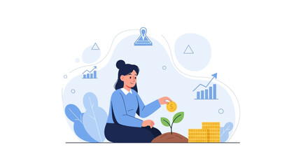 Obraz premium Woman planting coin into growing plant, symbolizing financial growth, investment, and savings