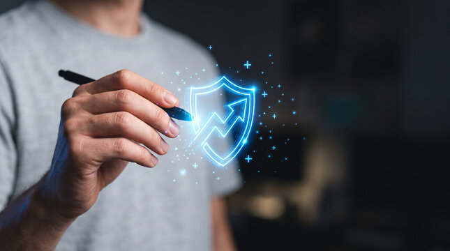 Debt consolidation shield digital security concept with hand holding pen and blue icon glow