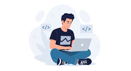 Obraz premium Young man coding on laptop, sitting cross-legged with code symbols in speech bubbles, modern flat design