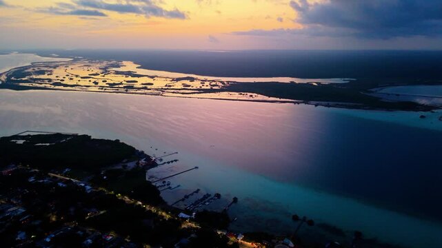 Panoramic sunrise over the iconic blue lagoon in Quintana Roo, Mexico