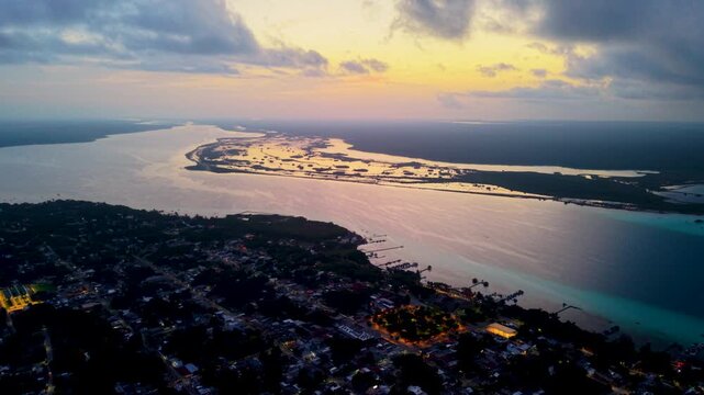 Panoramic sunrise over the iconic blue lagoon in Quintana Roo, Mexico