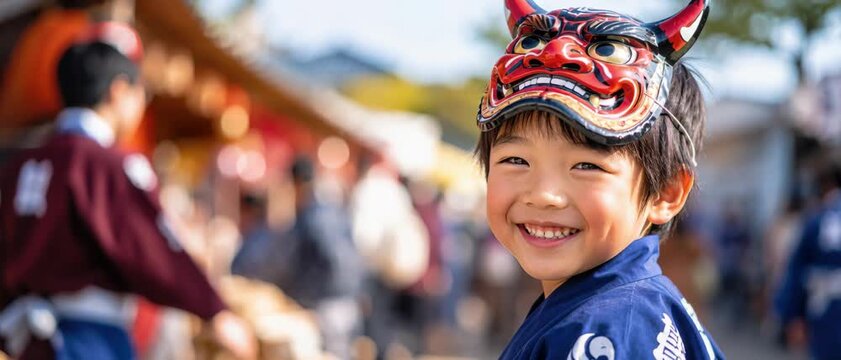 Young participant in northern festival wearing blue happi coat oni mask on forehead, haneto dancer smile, lanterns, taiko rhythm, traditional procession Gion Matsuri, Kanda Matsuri, Tenjin Matsuri