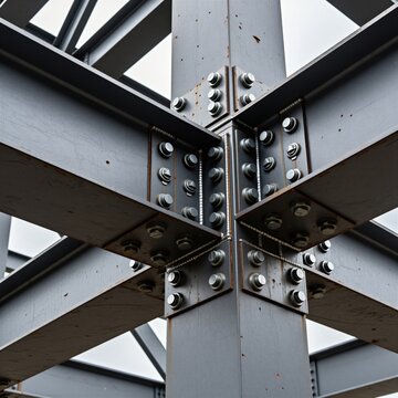 Steel beam intersection shows bolted connections on metal framework. Heavy industrial structure shows strength rigidity. Engineering design detail of building support assembly.