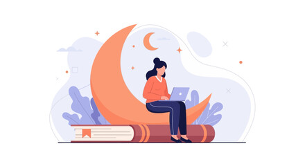 Obraz premium Woman working on laptop on crescent moon, surrounded by books and night sky elements