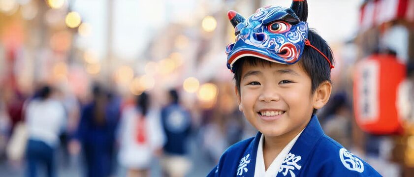 Smiling child haneto dancer in blue happi coat with oni mask at aomori nebuta matsuri, japanese lantern street parade, traditional summer celebration, folklore costume, cultural portrait