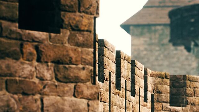A sturdy stone wall that marks the boundary of a historical location. The wall reflects sunlight and indicates strength and durability. The background features additional structures.