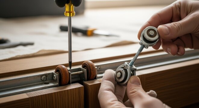 Detailed view of rusted closet door rollers being replaced highlighting the repair process in a renovation project.