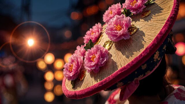 Hanagasa straw hat with pink peony flowers at night festival, haneto dancer attire, glowing lantern bokeh, traditional japanese parade costume, Yamagata Hanagasa Matsuri, Aomori Nebuta, Owara Kaze