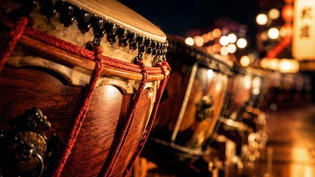 Traditional taiko drums with red rope under glowing lanterns, japanese night festival, nebuta hayashi rhythm, wooden percussion, parade music, Taiko Drum Festivals, Sado Island Earth Celebration