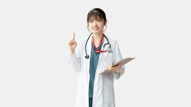 指差しで案内する女性医療スタッフ, Female Medical Professional Pointing Up