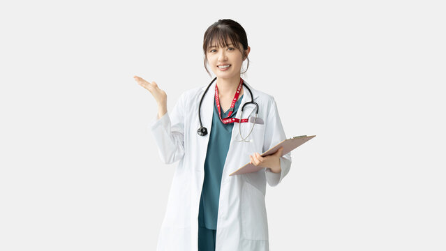 案内をする女性医療スタッフ, Female Medical Professional Presenting with an Open Hand