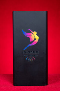 ZHONGSHAN China-May 19 2026: Los Angeles 2028 Olympic Games themed black portable power bank.
