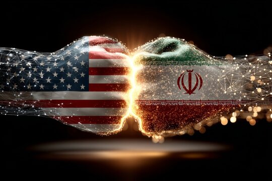 Volatile encounter: flags meet in a fiery mid-air burst. Virtual collaboration symbol. Intense flag collision: usa and iran in a flurry of flames. Virtual social interaction.