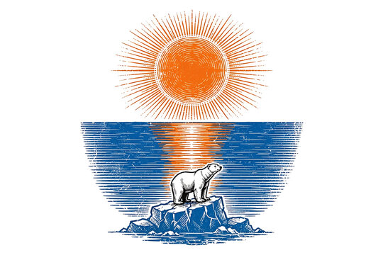 Vintage woodcut illustration of a polar bear standing on a melting iceberg in the ocean under a bright glowing sun