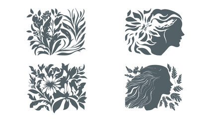 Fototapeta premium Four square designs feature floral motifs, alongside two silhouette profiles with botanical elements
