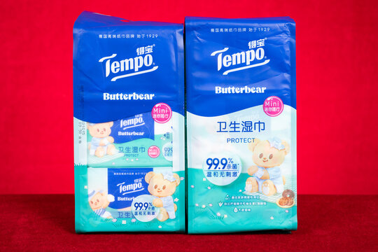 ZHONGSHAN China-June 21 2026: Tempo Butterbear disinfectant wet wipe packaged pouches.