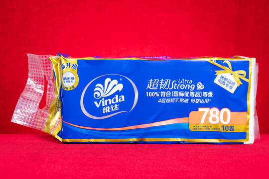 ZHONGSHAN China-June 21 2026: Vinda ultra strong pack of roll toilet tissue household paper.