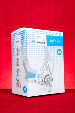 ZHONGSHAN China-June 15 2026: ResMed AirFit F20 full face CPAP mask retail packaging box.
