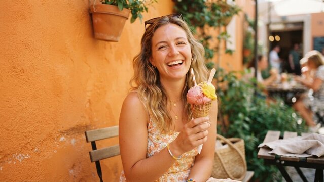 Happy Young Woman Holding Ice Cream Cone Outdoors in Summer