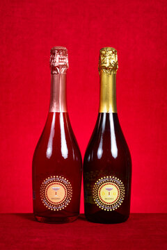ZHONGSHAN China-February 9 2026: Burbujas of grapes non-alcoholic sparkling grape juice twin glass bottles.