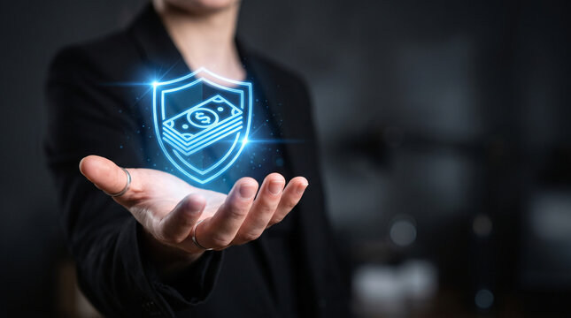 Debt consolidation shield with glowing money icon in open hand for financial security and protection