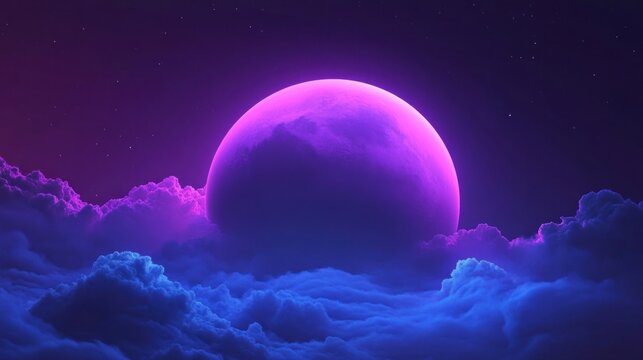 Purple and blue gradient night mystical moonlight moon with fluffy magical clouds phone hd background wallpaper, ai generated