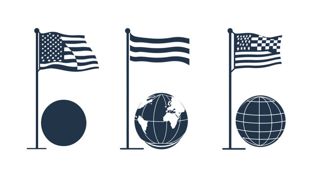Three flags with unique designs, each on a flagpole, with globes beneath them. Monochrome