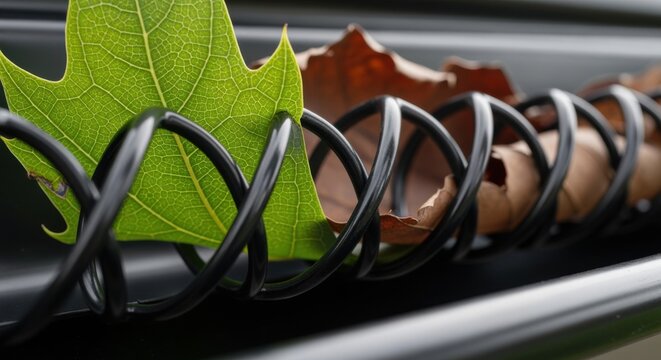Extreme closeup of leaf veins caught on the corkscrew design of snapin gutter guard during obstruction study.