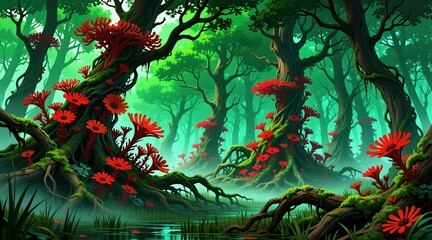 Obraz premium Mysterious forest scene with vibrant red alien flora on ancient mossy trees. Eerie swamp water reflects dark fantasy landscape. Surreal woodland atmosphere.