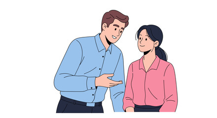 Obraz premium Vector illustration of a man and a woman having a discussion. The man is gesturing with his hand, and both are smiling. Perfect for business communication, teamwork, and corporate concepts.