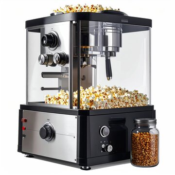 Silver and black popcorn machine overflowing with kernels, next to jar