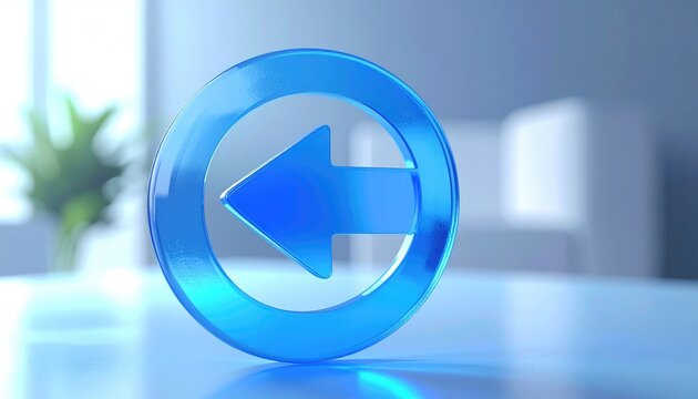 Transparent blue left arrow icon on a reflective surface, soft background