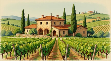 Obraz premium Hand drawn illustration of stone villa in Italian vineyard. Rural countryside landscape with green grape rows on rolling hills. Mediterranean estate with cypress trees, tiled roof under clear sky.