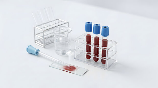 Blood sample test tubes and microscope slide in clinical lab